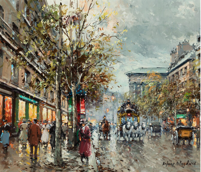 painting of the boulevard de la madeleine, looking at the madeleine with people and horses on the street