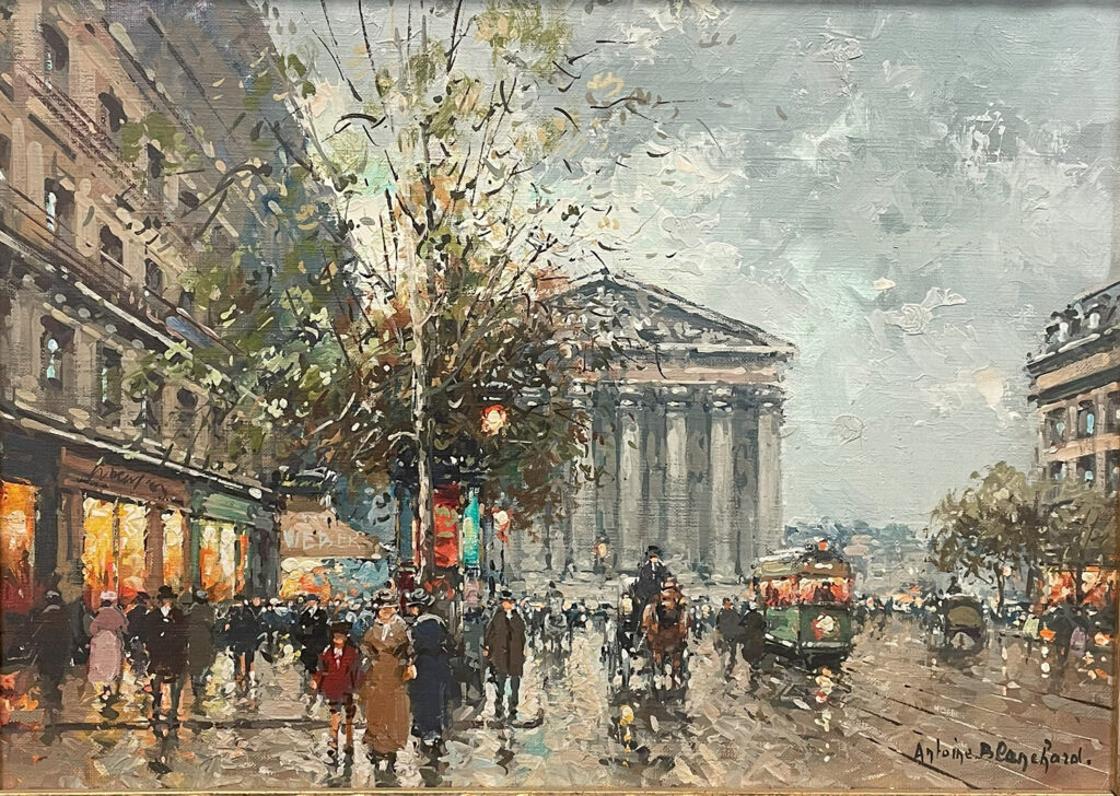 Street scene in front of the Madeleine in paris of people walking, horse and buggy and omnibus