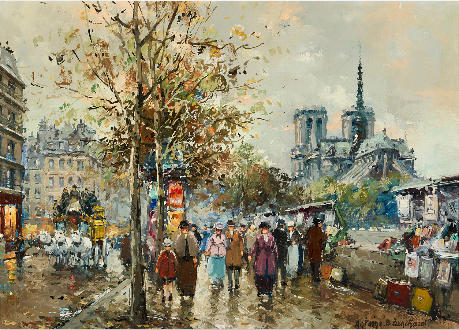 People in Paris walking with the book sellers and notre dame in the background