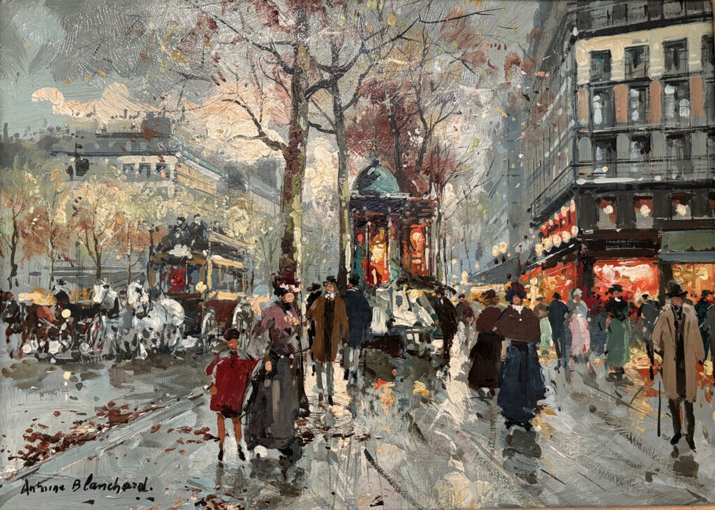 street scene in paris of boulevard haussmann with people walking and horses and carts