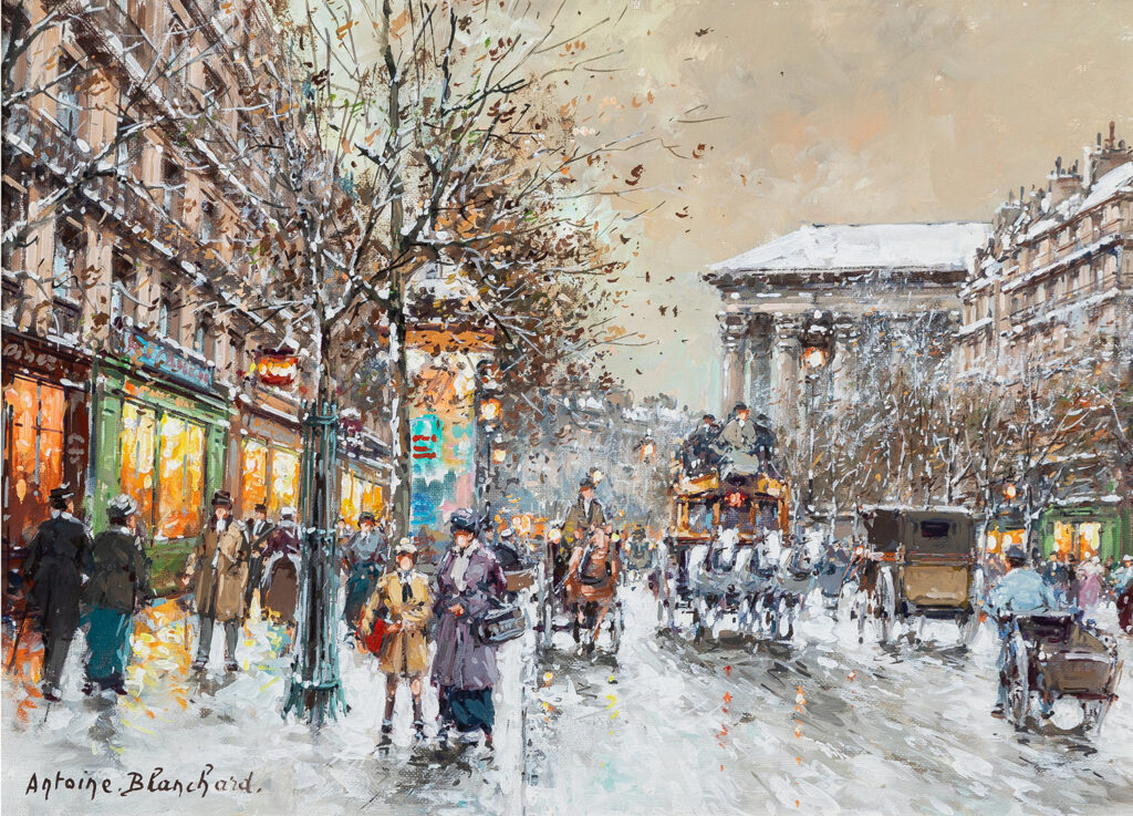 street scene in paris of the side of the madeleine with people and horses and carts in the street