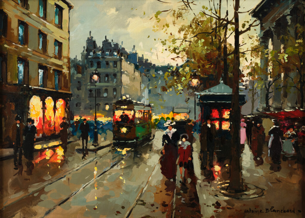 street scene in Paris of the side of the Madeleine with a omnibus, people in the street and a small flower market