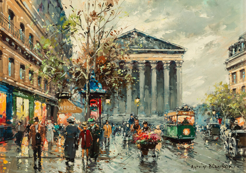 Street scene of the Madeleine in paris of people and an omnibus on the street of Rue Royale