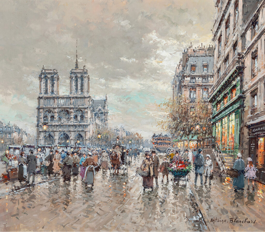 street scene in Paris of Notre Dame along the quai St. Michel with people in the street