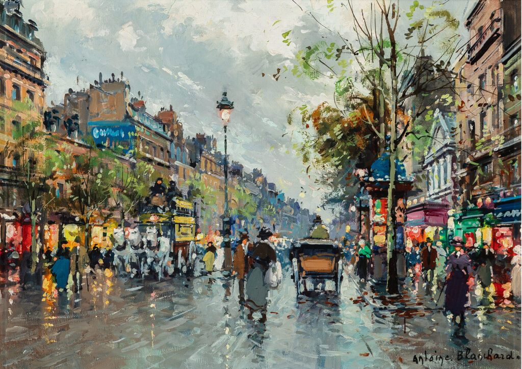 street scene in paris of the grands boulevards with people, horses and carts in the street