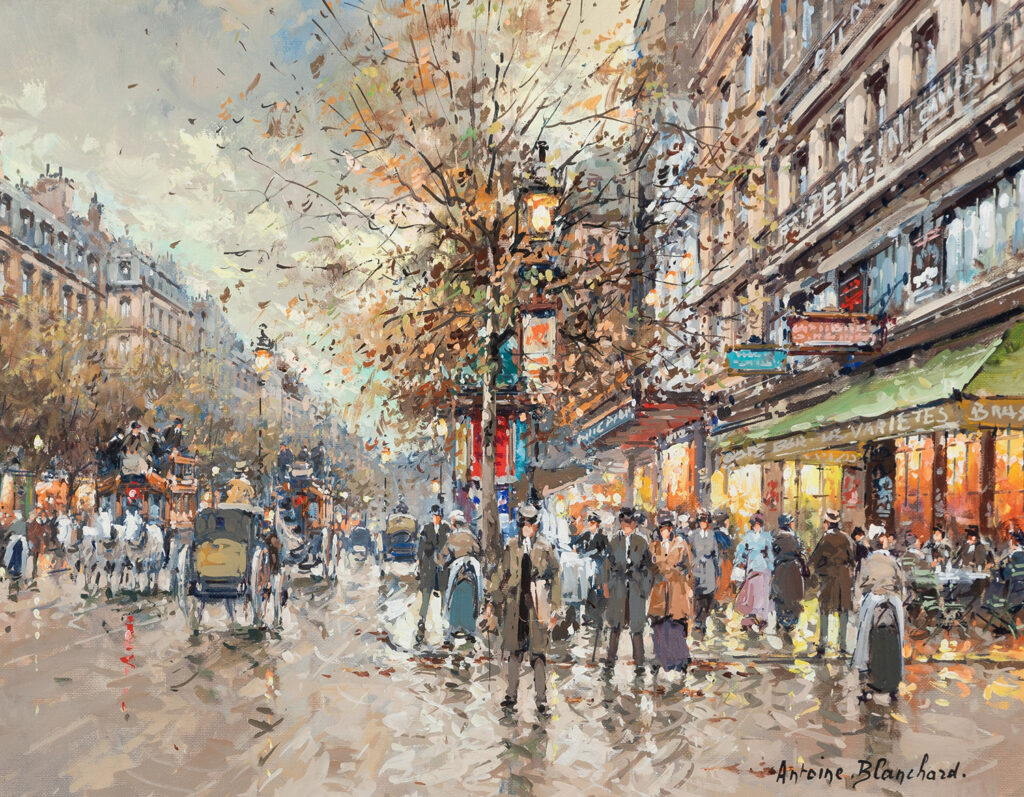 The grand boulevards in paris with people, horses and carts in the street