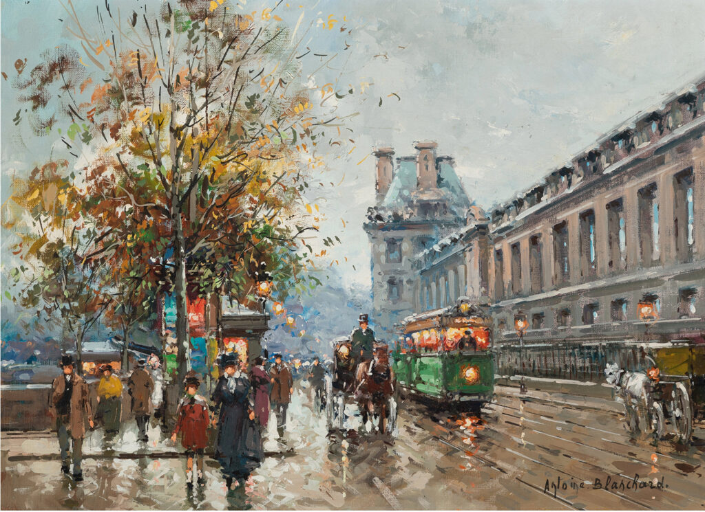 street scene in Paris of people, horses, carts and an omnibus in from of the Louvre