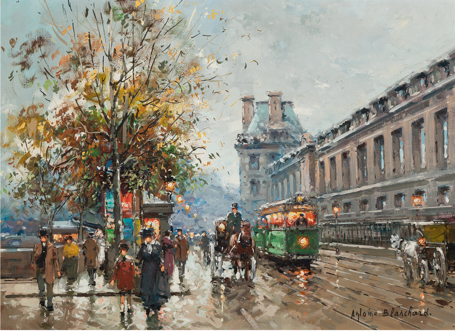 street scene in Paris of people, horses, carts and an omnibus in from of the Louvre