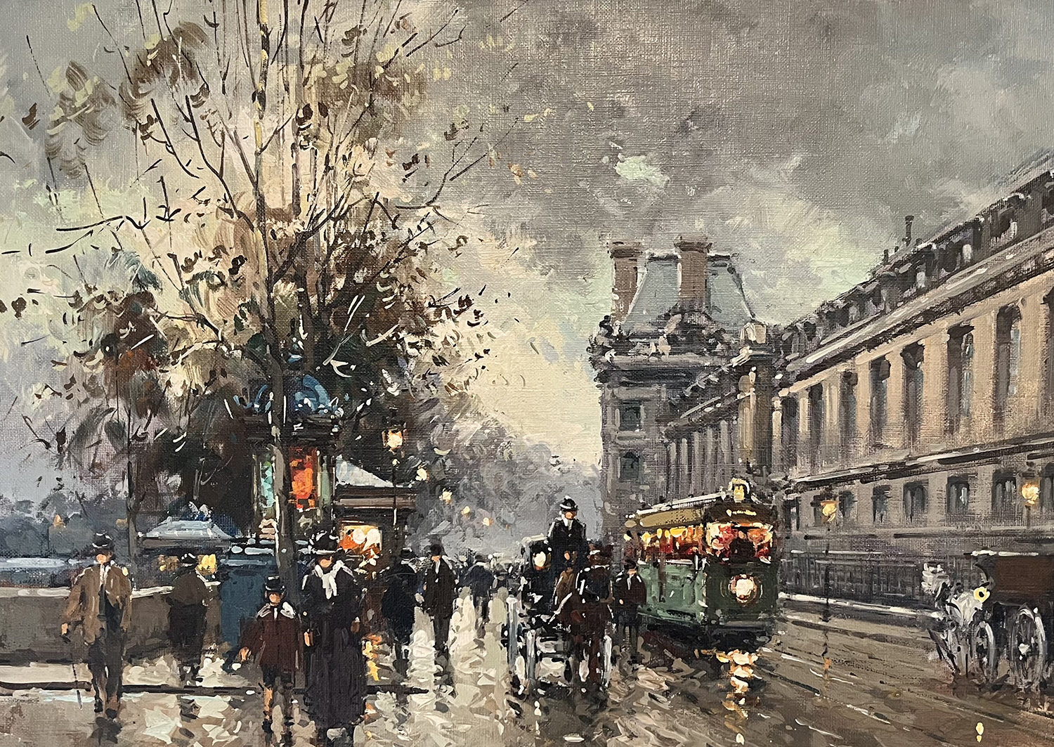 street scene in Paris of the Quai du Louvre with people, horse and cart, and omnibus in the street