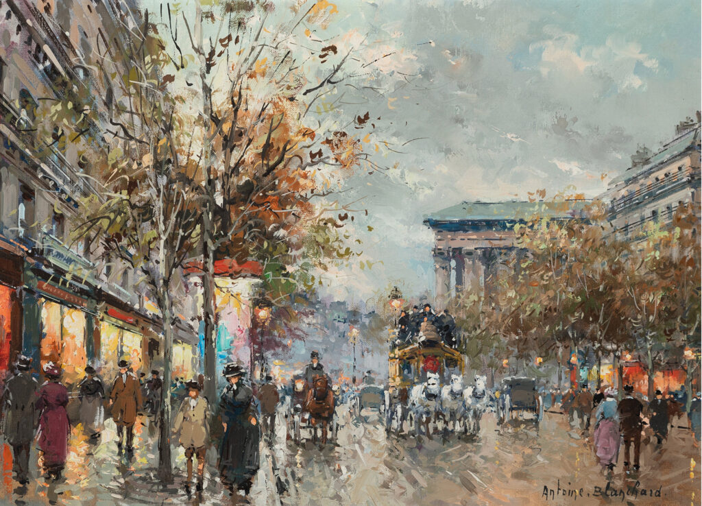 street scene in Paris with people, horses and carts in the street with the Madeleine in the background