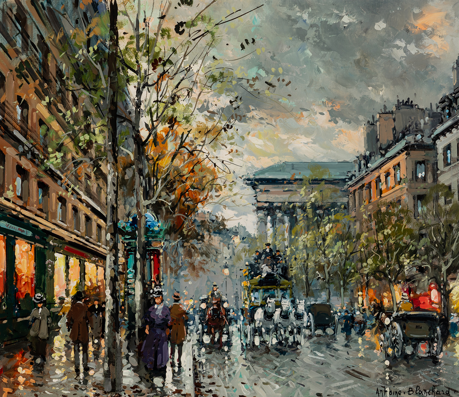street scene in Paris of the Madeleine with people, horses and carts in the street