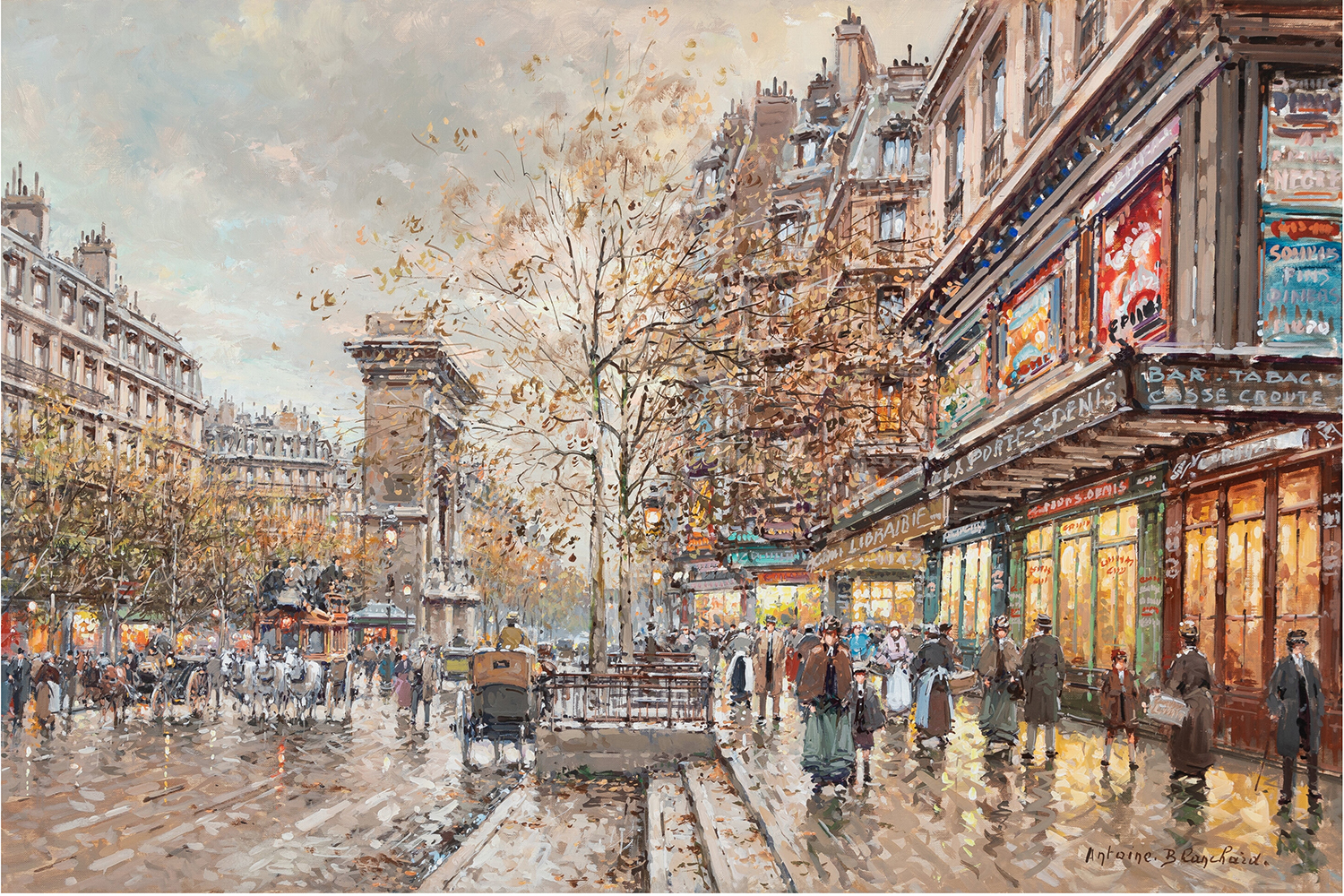 Street scene in Paris of people on the street with Porte Saint Denis in the background