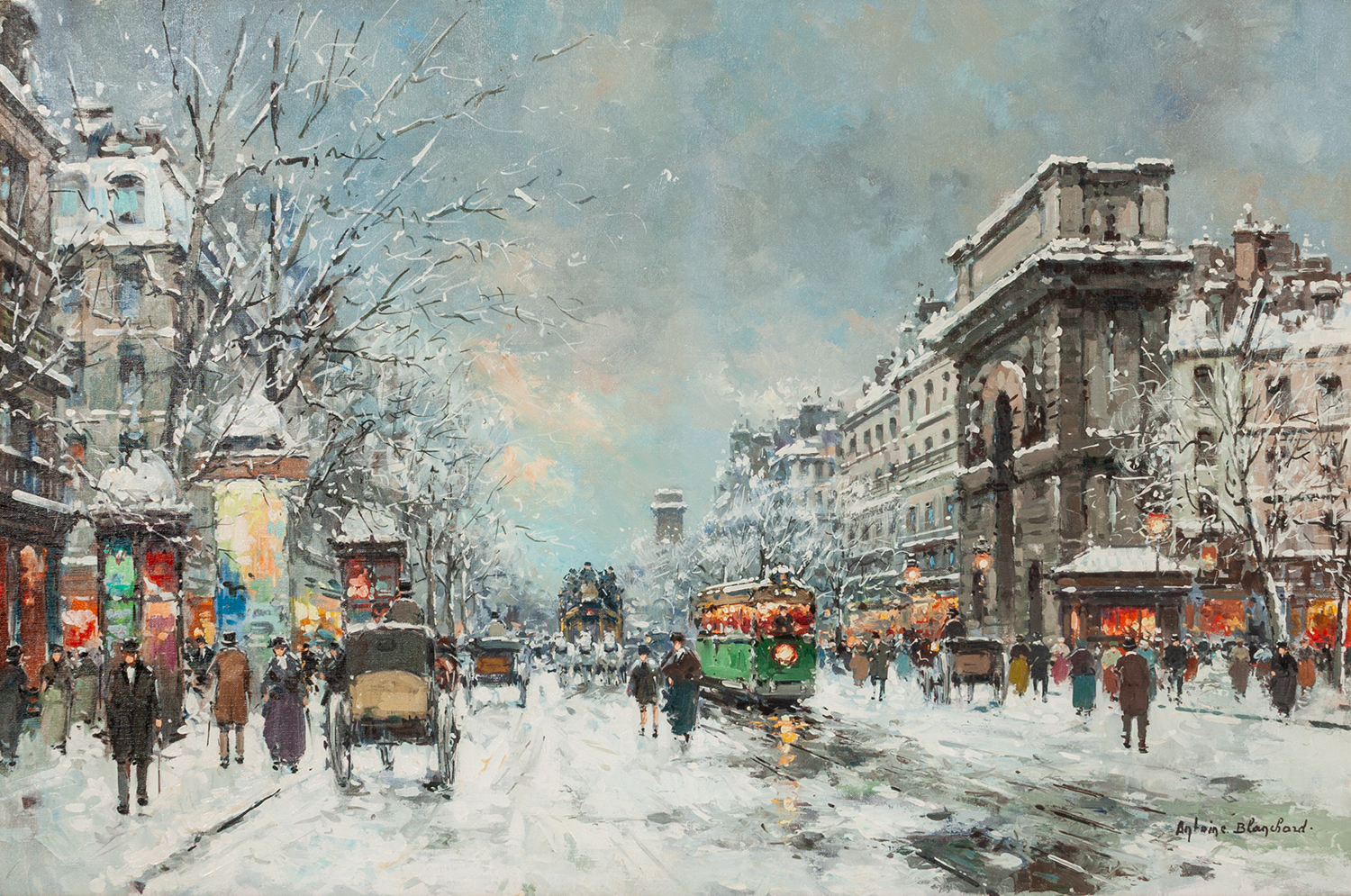 Street scene in Paris of Porte Saint Martin in the snow with omnibus, carts and people