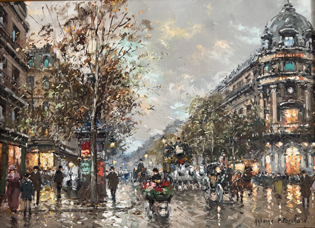 street scene in Paris of the theatre du vaudville with people, flower carts and horses on the street