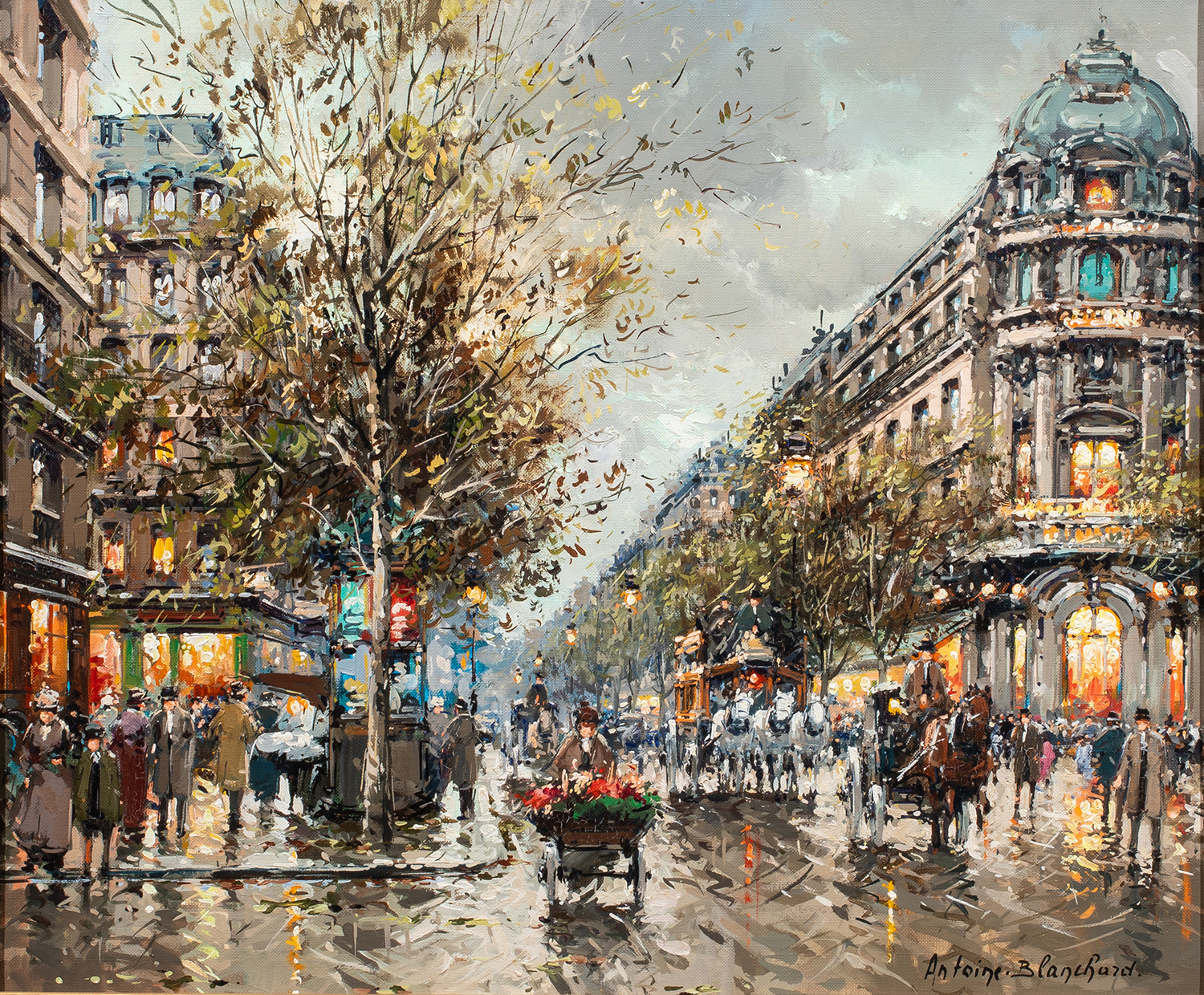 street scene in paris of the vaudville theatre with people walking and horses, carts and flower cart in street