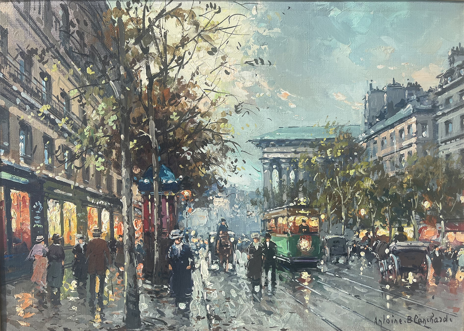 a street scene of the Madeleine in Paris with an omnibus and people and horses in the street