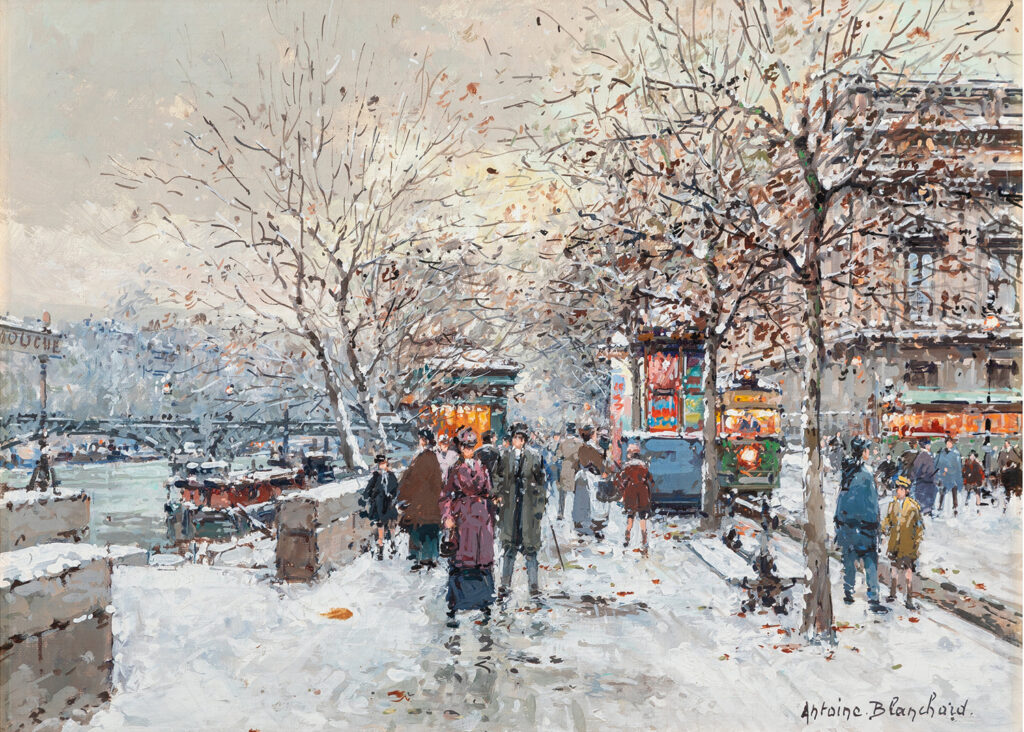 street scene in paris of La Passerelle des Arts in the snow