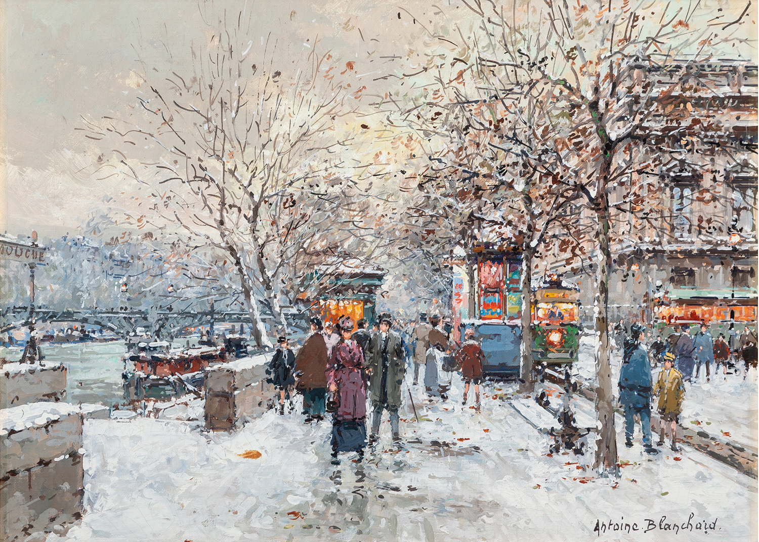 street scene in paris of La Passerelle des Arts in the snow