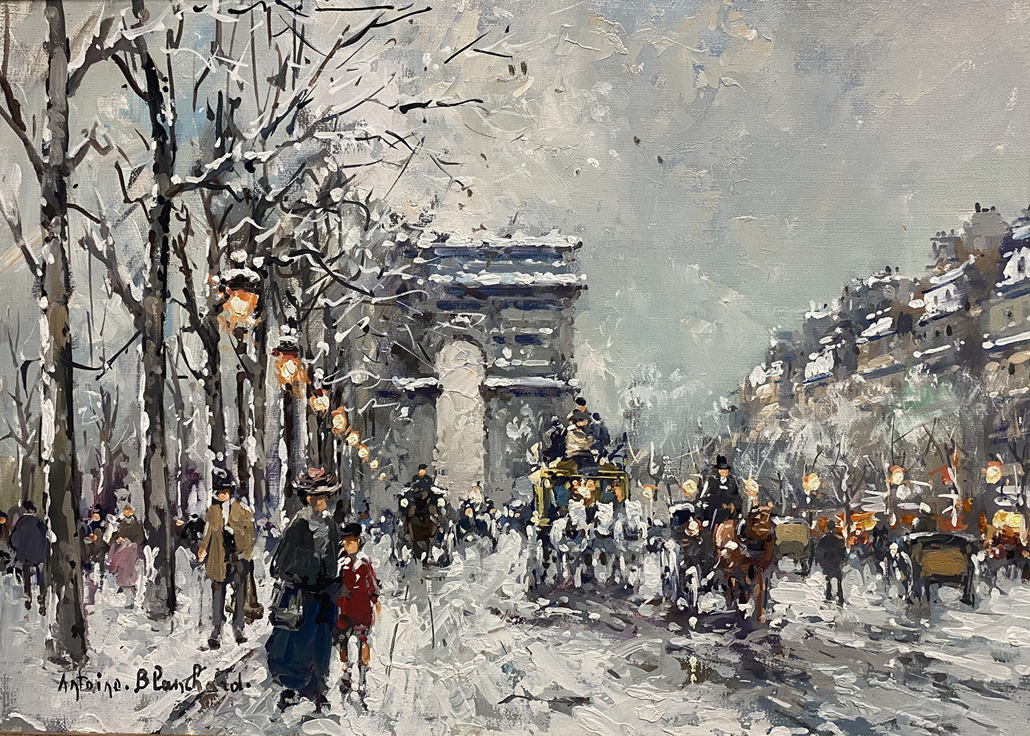 street scene in paris of the arc de triomphe in the snow, people, horses on the street