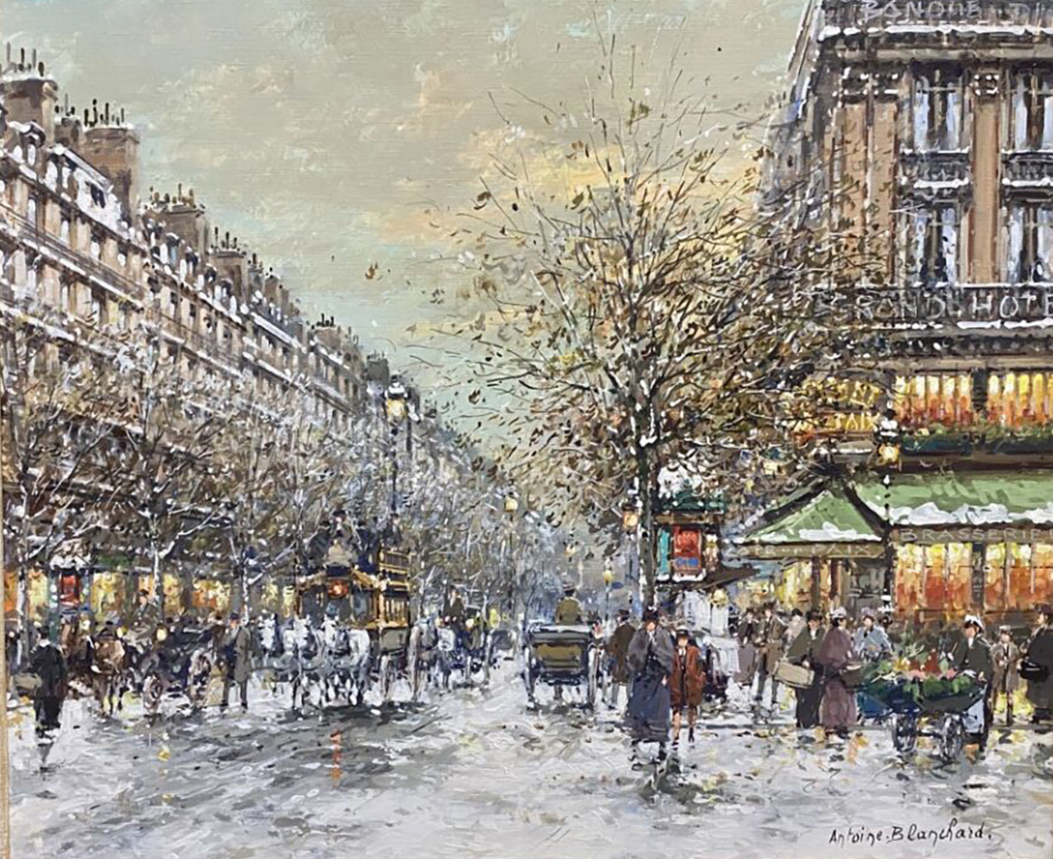 street scene in paris of cafe de la paix with people and horses on the street in the snow