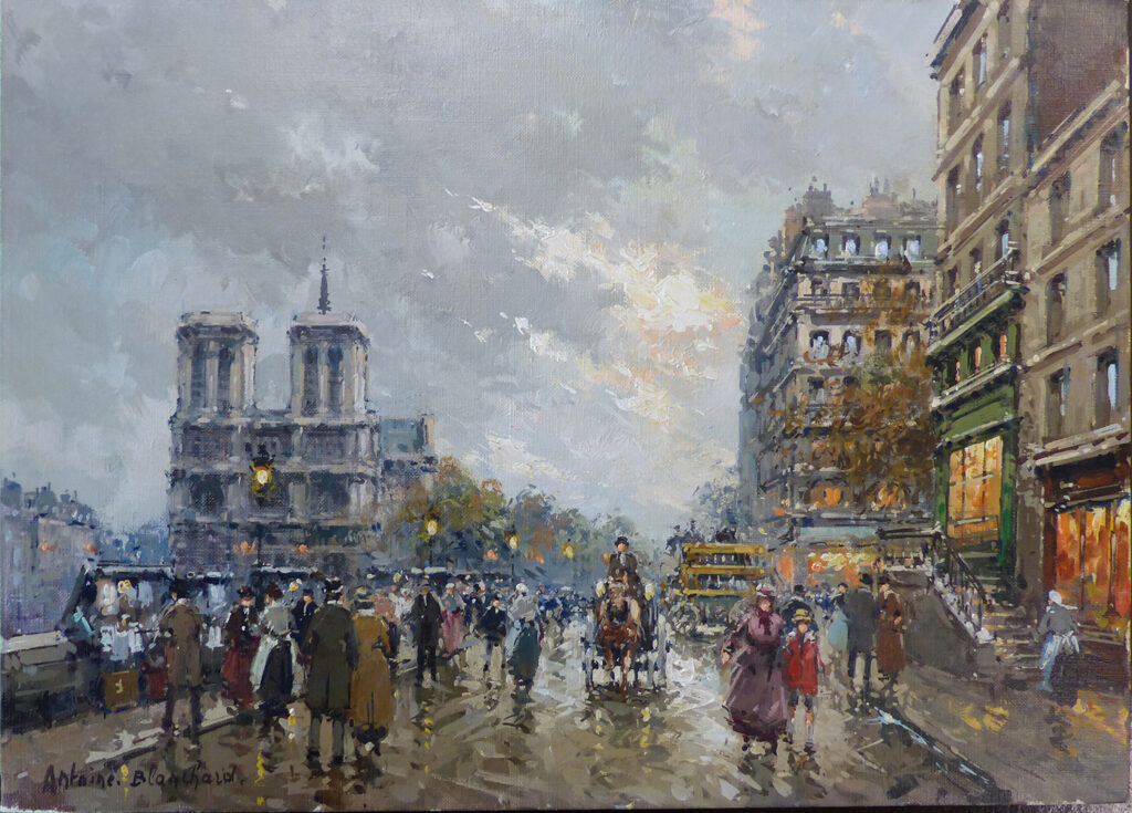 painting of notre dame, people walking in street, horses and carts near place St. Michel