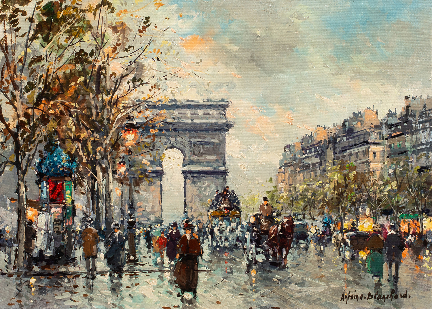 street scene in Paris of the arc de triomphe with people and horses in the street