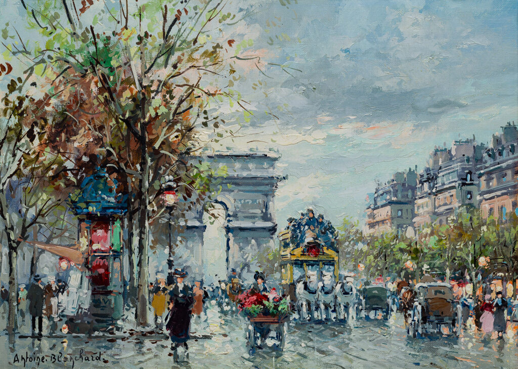 people, flower cart and horse and buggies on the street in front of the arc de triomphe in paris