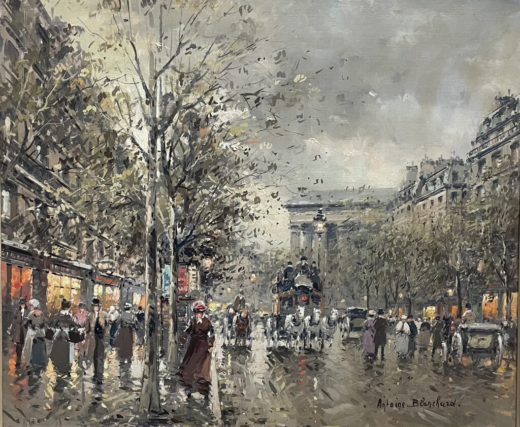 Street scene in Paris of the Boulevard de la Madeleine with people and horse and carts on the street