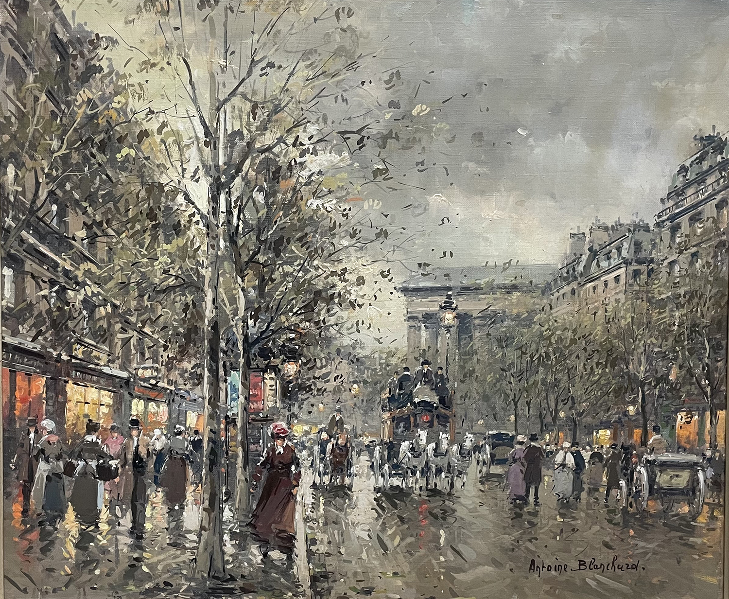 Street scene in Paris of the Boulevard de la Madeleine with people and horse and carts on the street