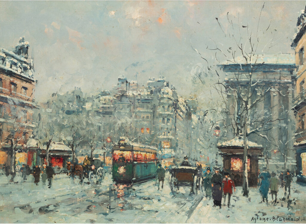 people, omnibus, horse and buggy in the street with the madeleine in paris in the background