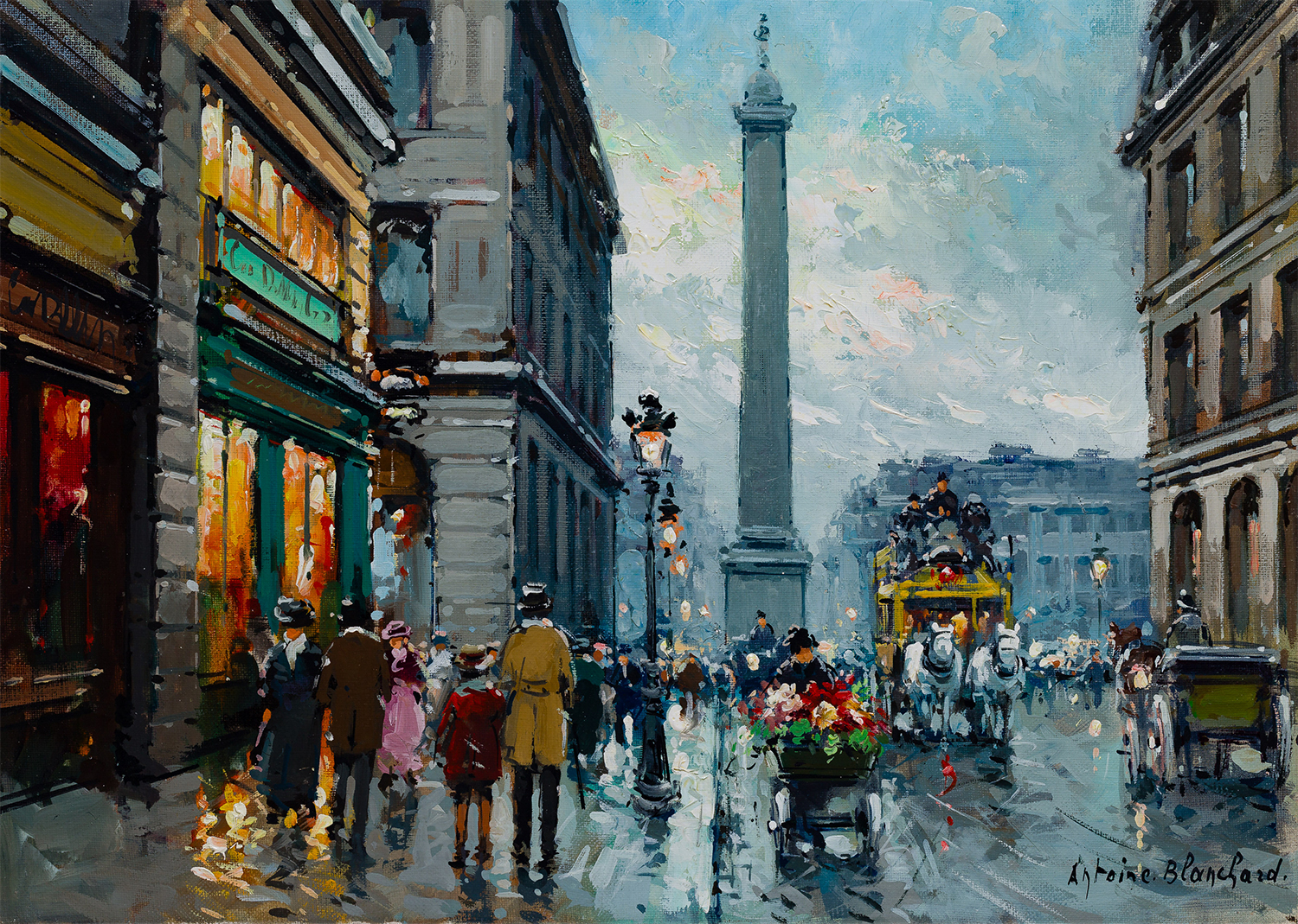 people, horses and flower carts walking in the street in front of place vendome in paris