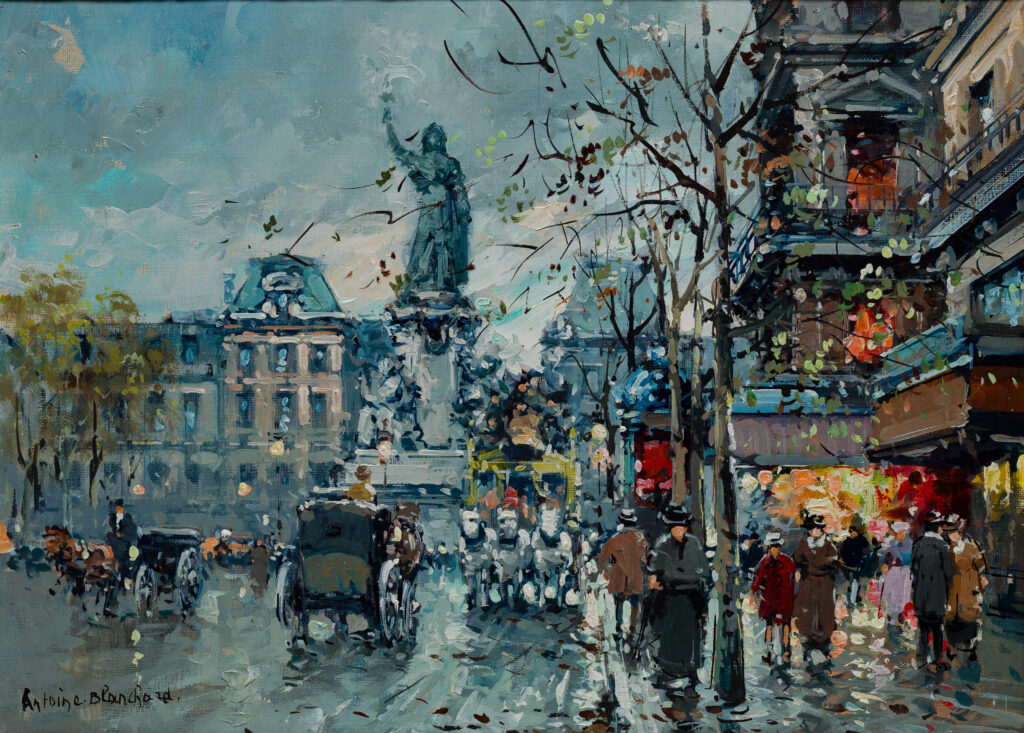 people and horse and buggies on the street in front of place de la republique in paris