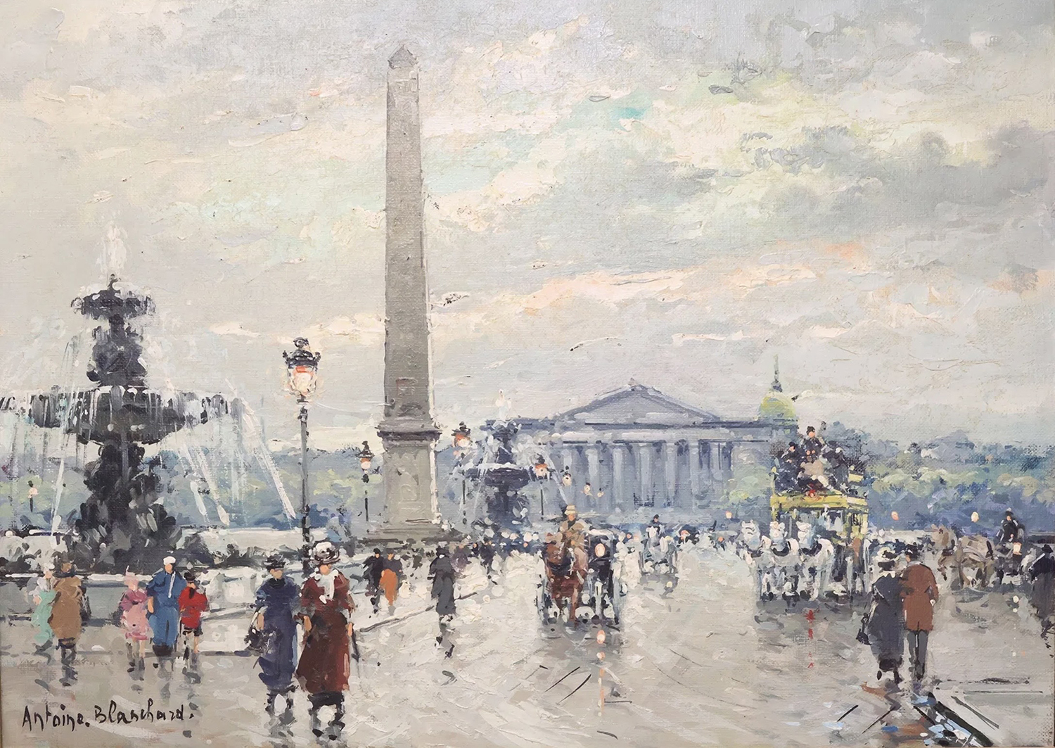 a view of La Concorde, a fountain and the national assembly in paris with people and horses and carts on the street in place de la Concorde