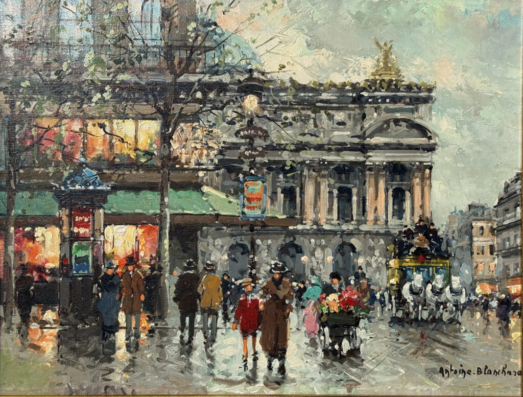 cafe de la paix and the opera house in paris with people walking on the street, a flower cart and a 3-horse drawn carriage