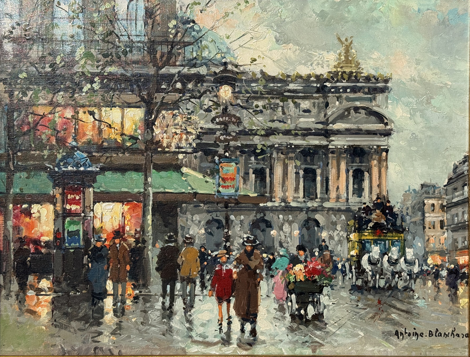 cafe de la paix and the opera house in paris with people walking on the street, a flower cart and a 3-horse drawn carriage