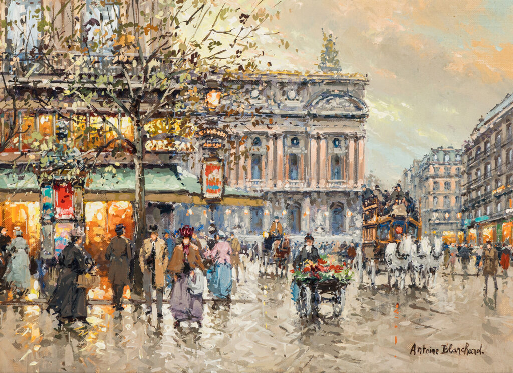 people, horses and buggy, and flower cart in the street in front of cafe de la paix and the opera house