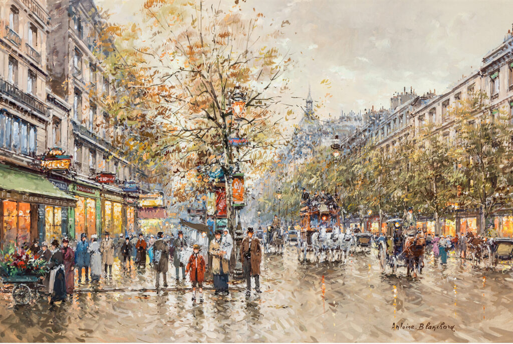 people, horses and buggy walking in the streets of paris along Boulevard Montmartre