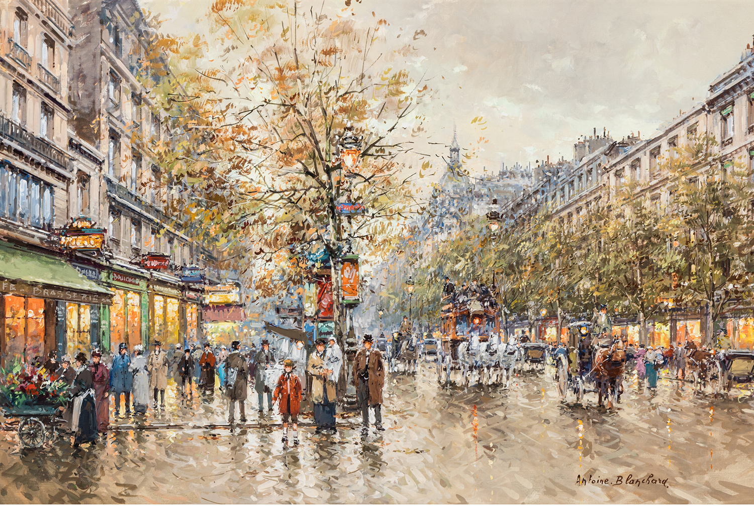 people, horses and buggy walking in the streets of paris along Boulevard Montmartre
