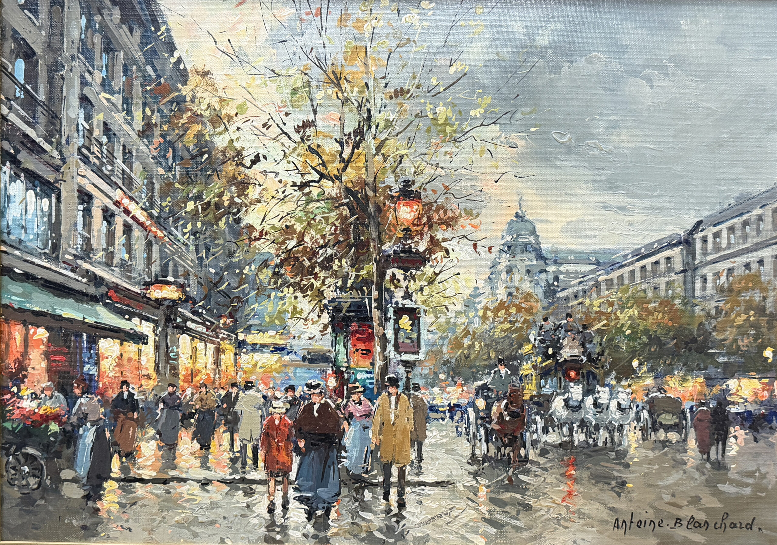 people, horses and buggies along the Grand Boulevards in Paris, lights in the windows along the boulevard
