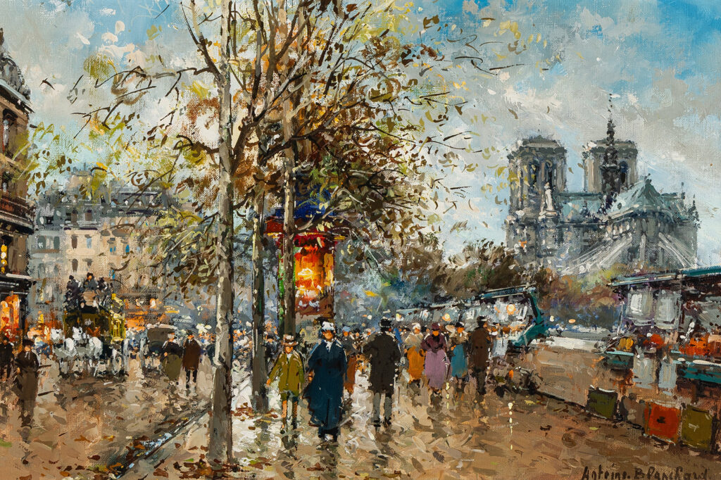 a street scene in paris featuring Notre dame on the right and booksellers along the side of the seine river, people, horse and buggy and cart on the street