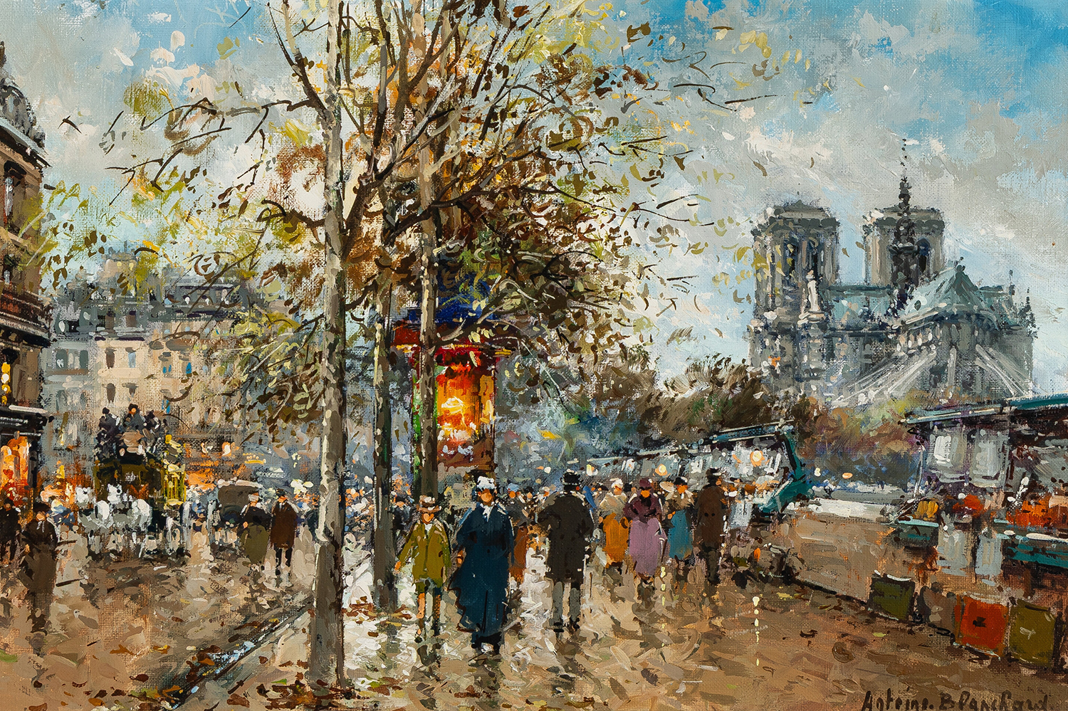 a street scene in paris featuring Notre dame on the right and booksellers along the side of the seine river, people, horse and buggy and cart on the street