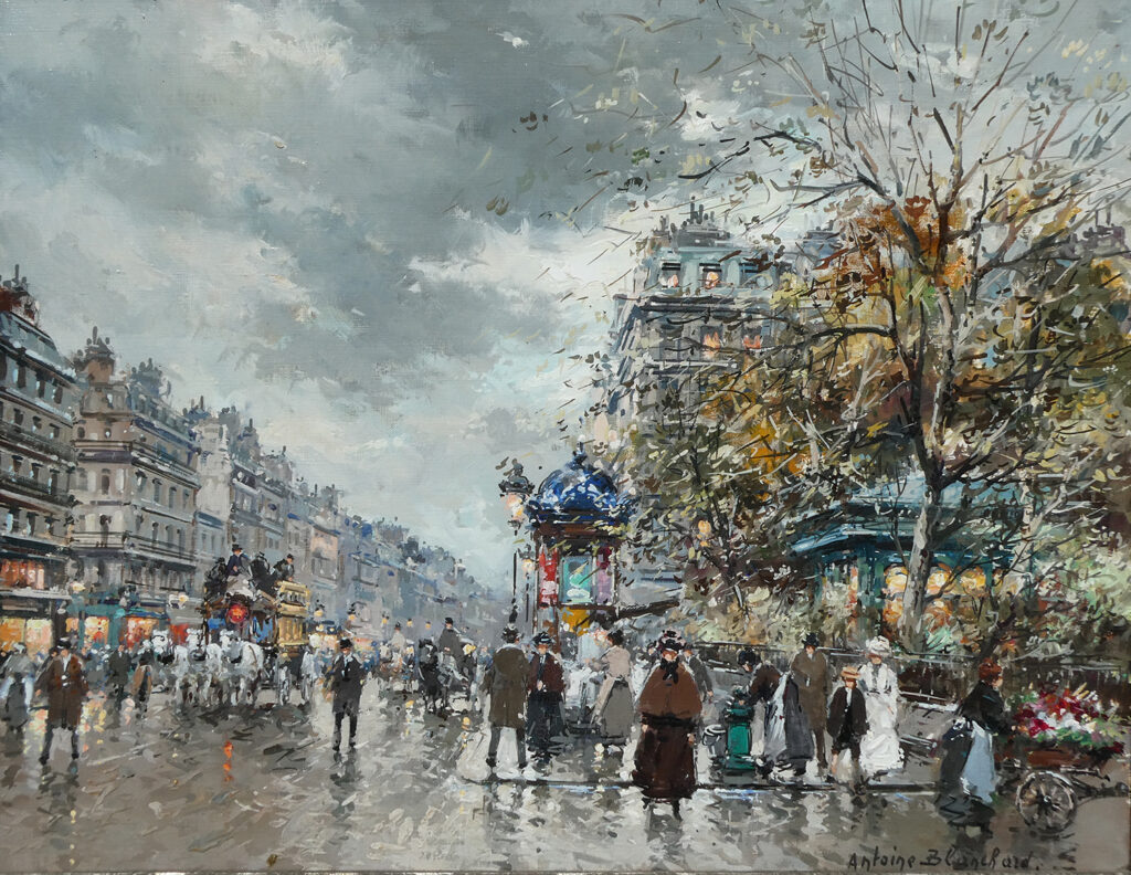 A view of a Parisian street corner with numerous figures in early 20th century attire, including a woman with a flower cart and horse drawn carriage under cloudy sky